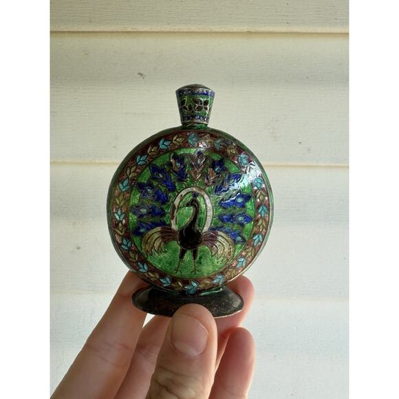 VINTAGE PAINTED ENAMELED INDIAN CLOISONNÉ PERFUME BOTTLE DAUBER 925 Ster SILVER - Picture 1 of 13